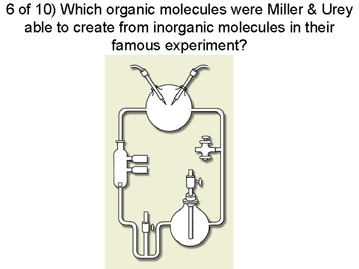 6 of 10) Which organic molecules were Miller & Urey able to create from