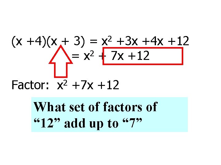 (x +4)(x + 3) = x 2 +3 x +4 x +12 = x