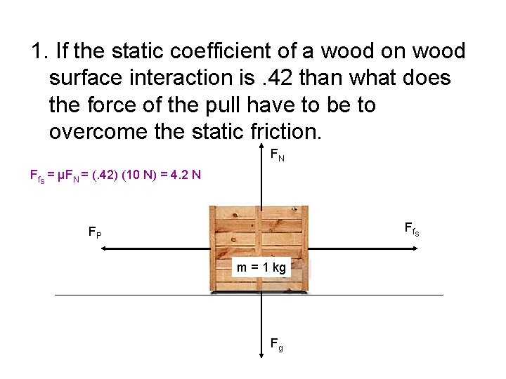 1. If the static coefficient of a wood on wood surface interaction is. 42