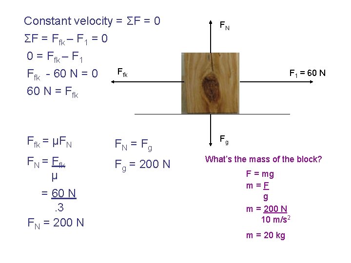 Constant velocity = ΣF = 0 ΣF = Ffk – F 1 = 0