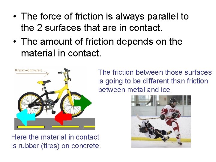  • The force of friction is always parallel to the 2 surfaces that