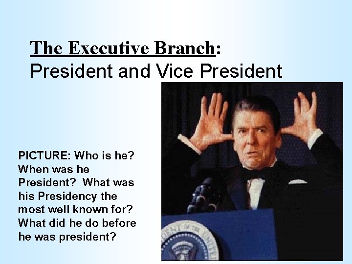 The Executive Branch: President and Vice President PICTURE: Who is he? When was he