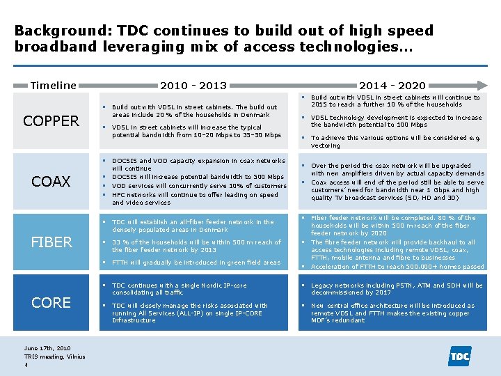 Background: TDC continues to build out of high speed broadband leveraging mix of access