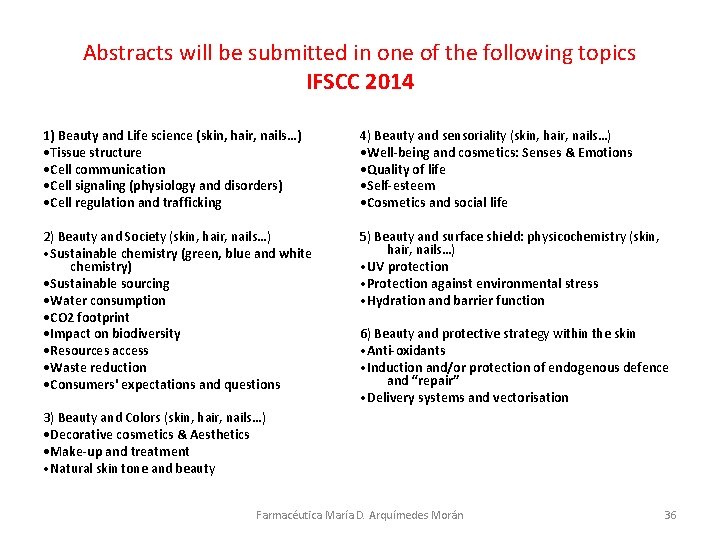 Abstracts will be submitted in one of the following topics IFSCC 2014 1) Beauty