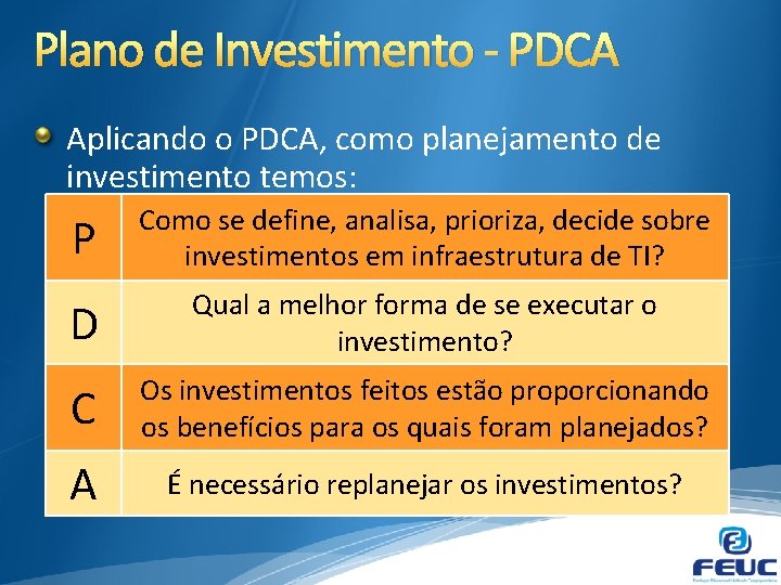 Plano de Investimento - PDCA Aplicando o PDCA, como planejamento de investimento temos: P