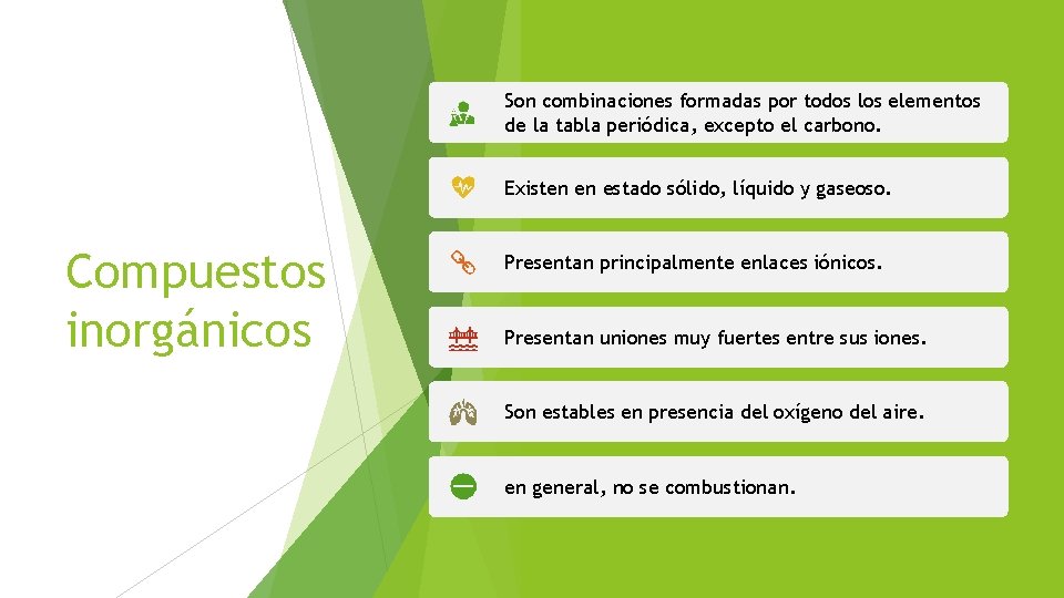 Son combinaciones formadas por todos los elementos de la tabla periódica, excepto el carbono.