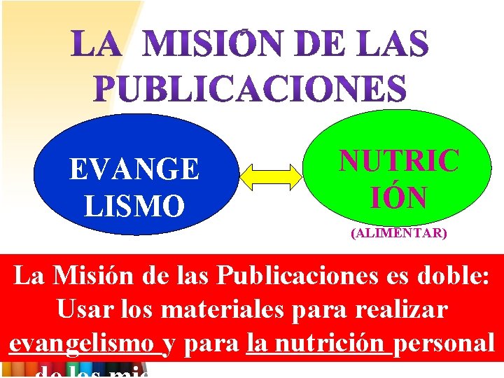 EVANGE LISMO NUTRIC IÓN (ALIMENTAR) La Misión de las Publicaciones es doble: Usar los