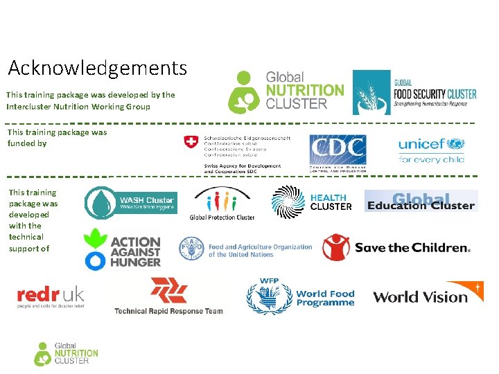 Acknowledgements This training package was developed by the Intercluster Nutrition Working Group This training Acknowledgements This training package was developed by the Intercluster Nutrition Working Group This training