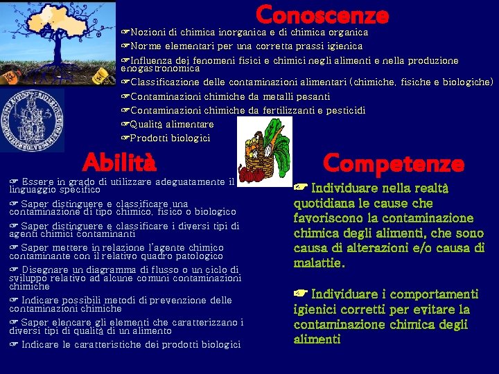 Conoscenze ☞Nozioni di chimica inorganica e di chimica organica ☞Norme elementari per una corretta