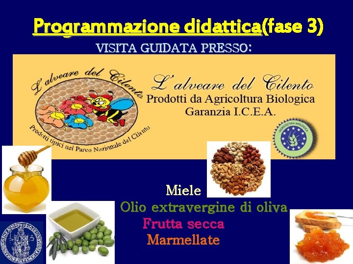 Programmazione didattica(fase 3) didattica VISITA GUIDATA PRESSO: Miele Olio extravergine di oliva Frutta secca