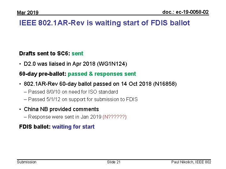 doc. : ec-19 -0058 -02 Mar 2019 IEEE 802. 1 AR-Rev is waiting start