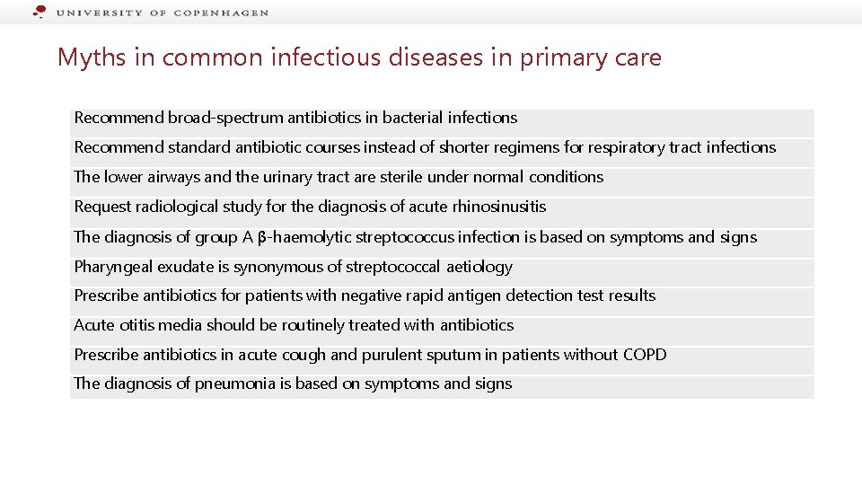 Myths in common infectious diseases in primary care Recommend broad-spectrum antibiotics in bacterial infections