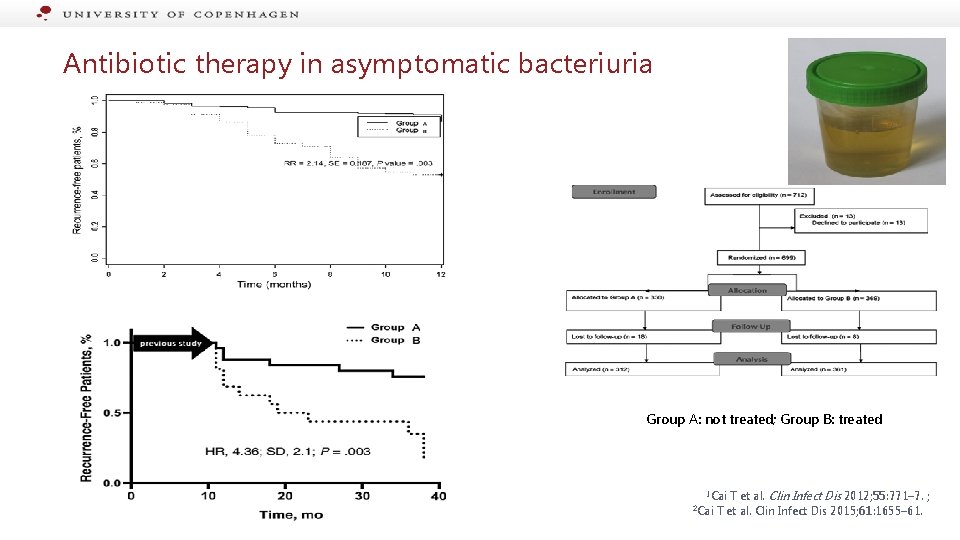 Antibiotic therapy in asymptomatic bacteriuria Group A: not treated; Group B: treated T et