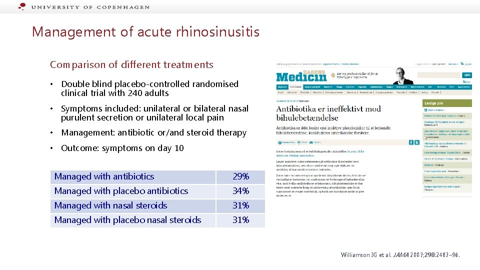 Management of acute rhinosinusitis Comparison of different treatments • Double blind placebo-controlled randomised clinical