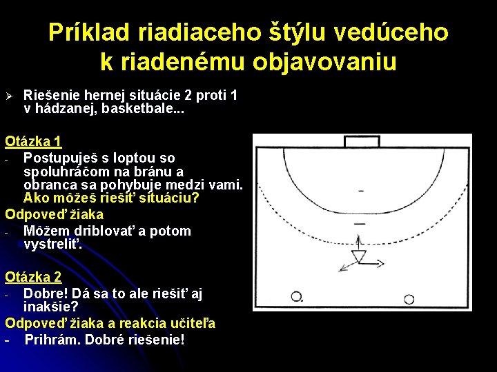 Príklad riadiaceho štýlu vedúceho k riadenému objavovaniu Ø Riešenie hernej situácie 2 proti 1