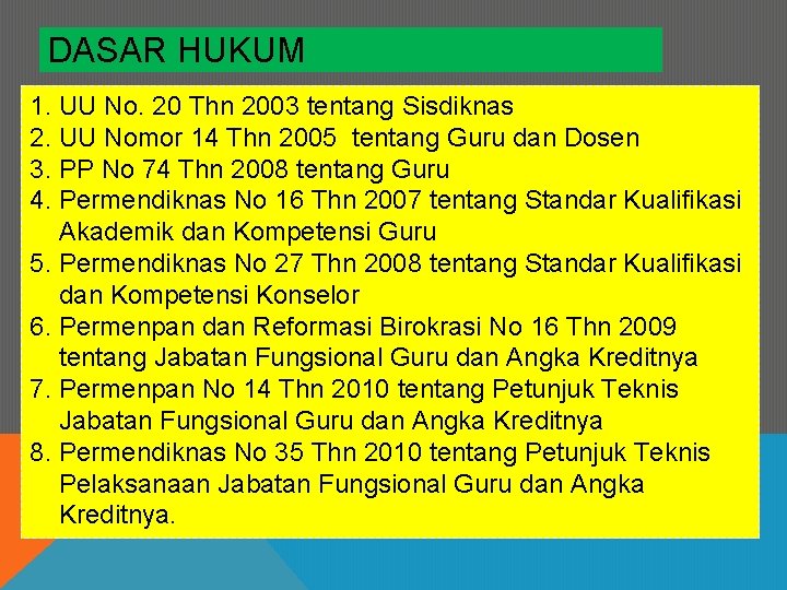 DASAR HUKUM 1. UU No. 20 Thn 2003 tentang Sisdiknas 2. UU Nomor 14