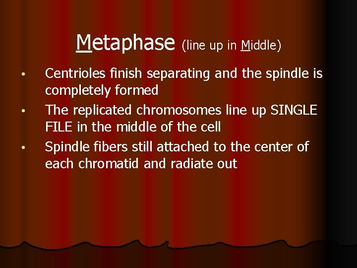Metaphase (line up in Middle) • • • Centrioles finish separating and the spindle