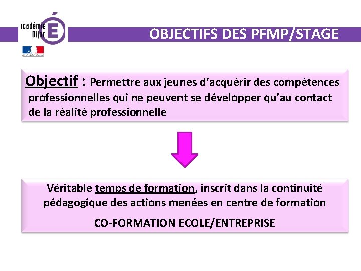 OBJECTIFS DES PFMP/STAGE Objectif : Permettre aux jeunes d’acquérir des compétences professionnelles qui ne