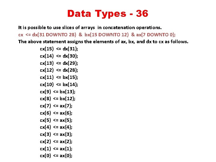 Data Types - 36 It is possible to use slices of arrays in concatenation