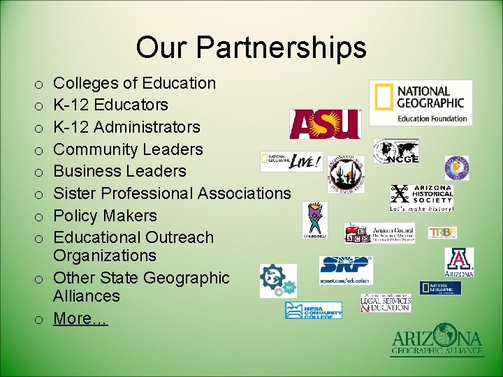 Our Partnerships Colleges of Education K-12 Educators K-12 Administrators Community Leaders Business Leaders Sister