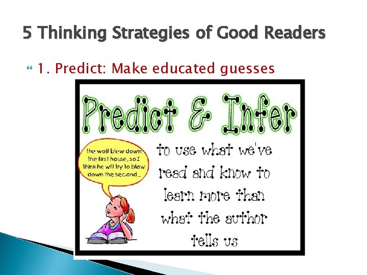 5 Thinking Strategies of Good Readers 1. Predict: Make educated guesses 