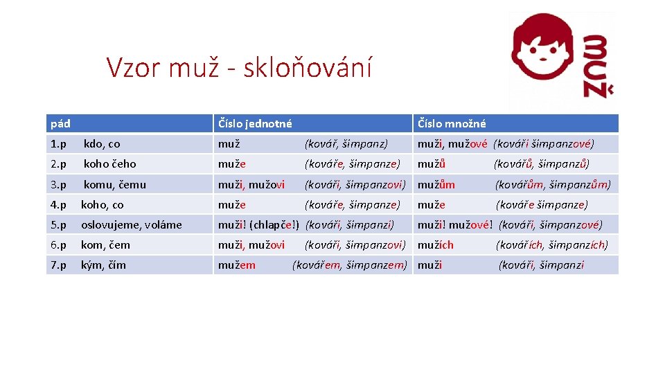 Vzor muž - skloňování pád Číslo jednotné Číslo množné 1. p kdo, co muž