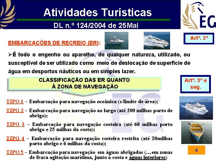 Atividades Turísticas DL n. º 124/2004 de 25 Mai EMBARCAÇÕES DE RECREIO (ER): Artº.