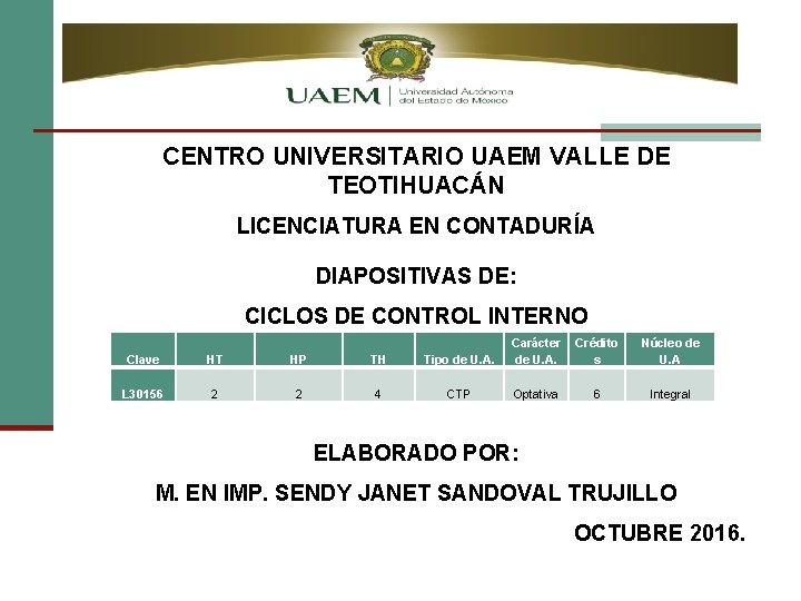 CENTRO UNIVERSITARIO UAEM VALLE DE TEOTIHUACÁN LICENCIATURA EN CONTADURÍA DIAPOSITIVAS DE: CICLOS DE CONTROL