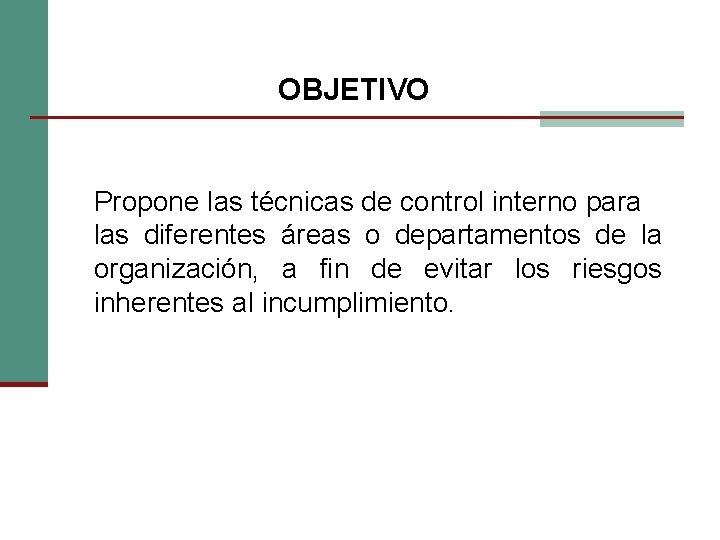 OBJETIVO Propone las técnicas de control interno para las diferentes áreas o departamentos de