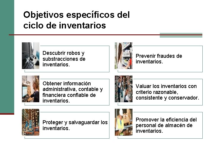 Objetivos específicos del ciclo de inventarios Descubrir robos y substracciones de inventarios. Prevenir fraudes