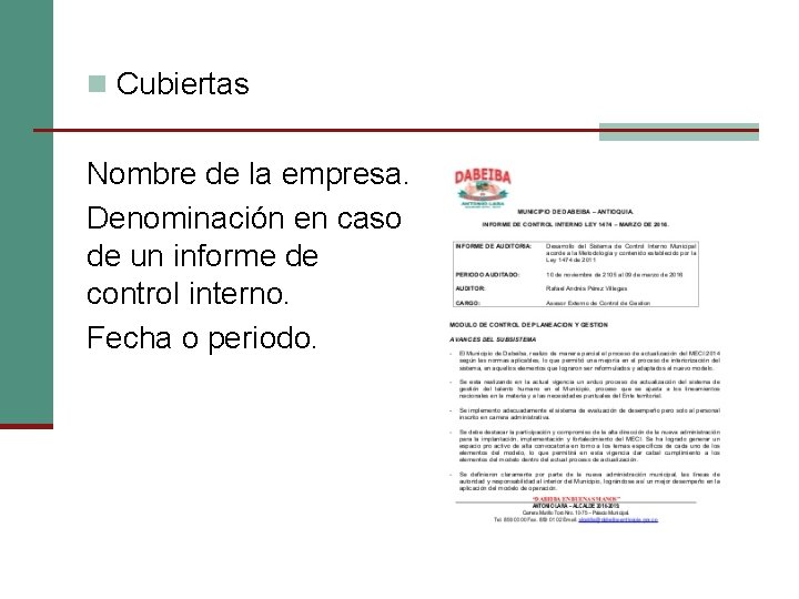 n Cubiertas Nombre de la empresa. Denominación en caso de un informe de control