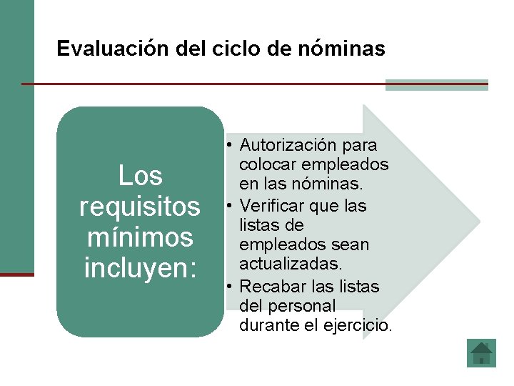 Evaluación del ciclo de nóminas Los requisitos mínimos incluyen: • Autorización para colocar empleados