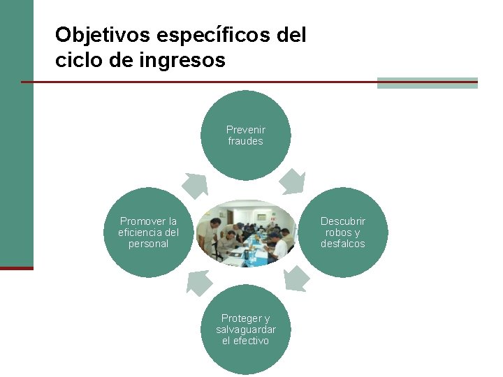 Objetivos específicos del ciclo de ingresos Prevenir fraudes Promover la eficiencia del personal Descubrir