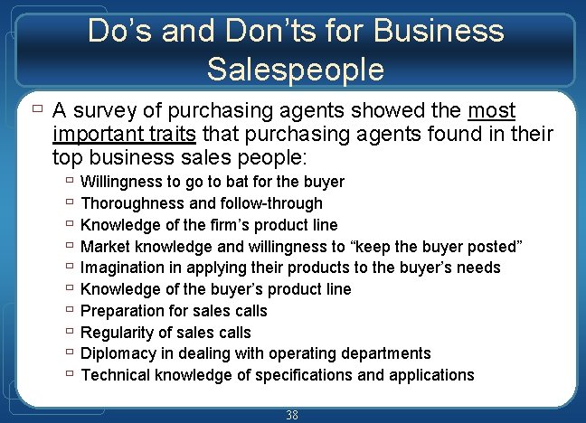 Do’s and Don’ts for Business Salespeople ù A survey of purchasing agents showed the
