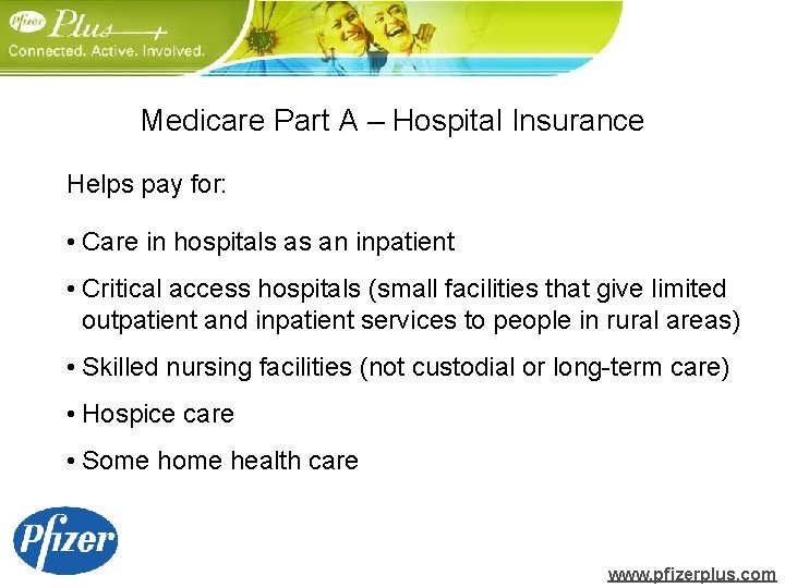 Medicare Part A – Hospital Insurance Helps pay for: • Care in hospitals as
