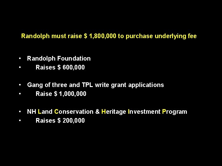 Randolph must raise $ 1, 800, 000 to purchase underlying fee • Randolph Foundation