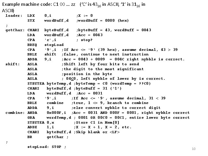 Example machine code: C 1 00 … zz (‘C’ is 4316 in ASCII, ‘