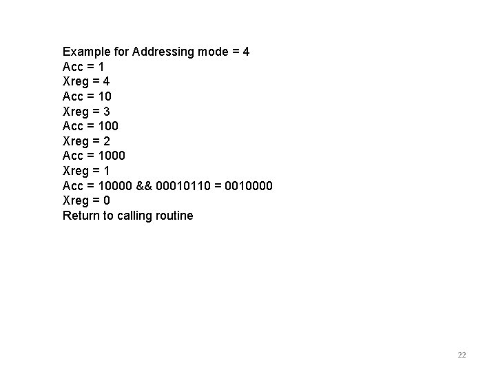 Example for Addressing mode = 4 Acc = 1 Xreg = 4 Acc =