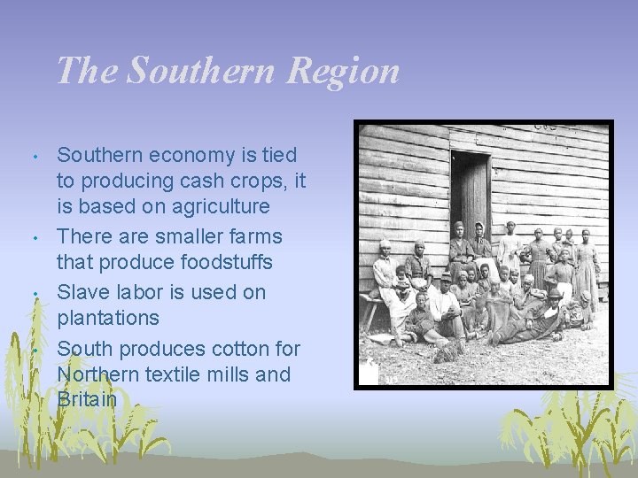 The Southern Region • • Southern economy is tied to producing cash crops, it