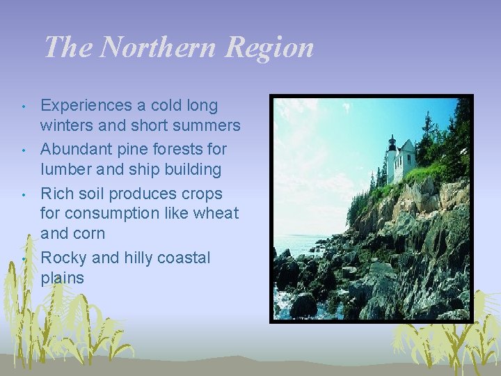 The Northern Region • • Experiences a cold long winters and short summers Abundant