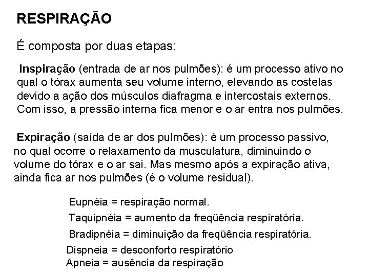 RESPIRAÇÃO É composta por duas etapas: Inspiração (entrada de ar nos pulmões): é um