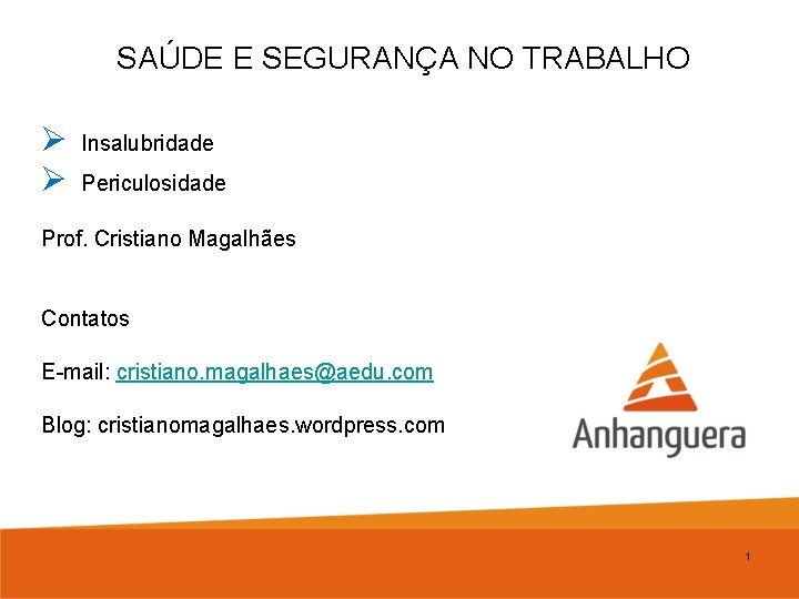 SAÚDE E SEGURANÇA NO TRABALHO Ø Ø Insalubridade Periculosidade Prof. Cristiano Magalhães Contatos E-mail: