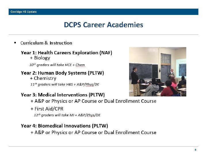 Coolidge HS Update DCPS Career Academies § Curriculum & Instruction 8 