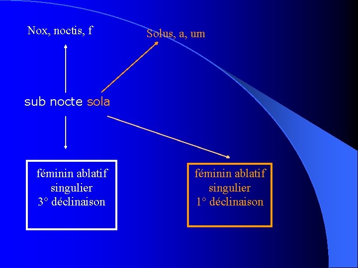 Nox, noctis, f Solus, a, um sub nocte sola féminin ablatif singulier 3° déclinaison