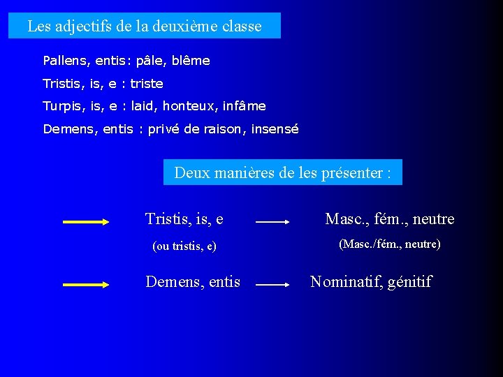 Les adjectifs de la deuxième classe Pallens, entis: pâle, blême Tristis, e : triste