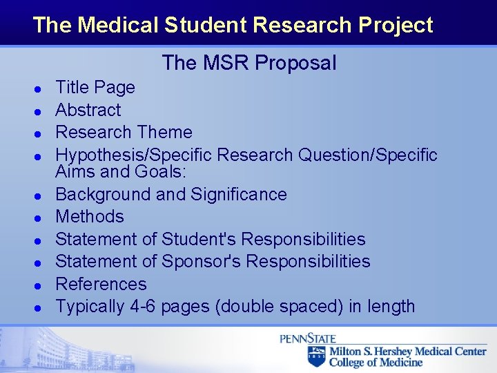 The Medical Student Research Project The MSR Proposal l l Title Page Abstract Research The Medical Student Research Project The MSR Proposal l l Title Page Abstract Research