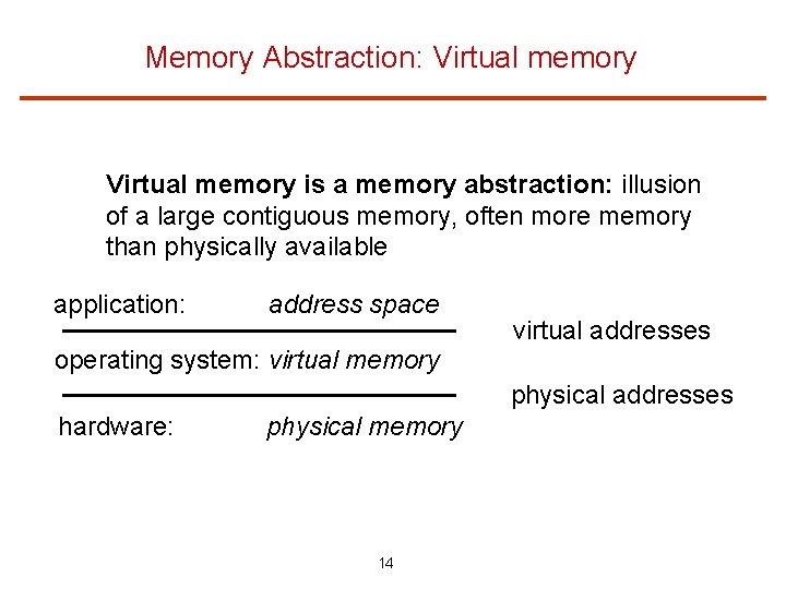 Memory Abstraction: Virtual memory is a memory abstraction: illusion of a large contiguous memory,