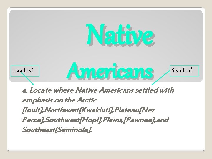 Native Standard Americans Standard a. Locate where Native Americans settled with emphasis on the