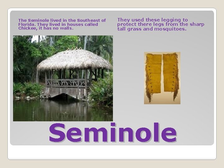 The Seminole lived in the Southeast of Florida. They lived in houses called Chickee,