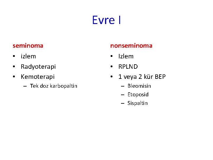 Evre I seminoma nonseminoma • izlem • Radyoterapi • Kemoterapi • Izlem • RPLND